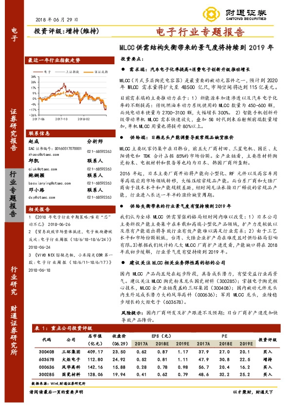 电子行业专题报告：MLCC供需结构失衡带来的景气度将持续到2019年