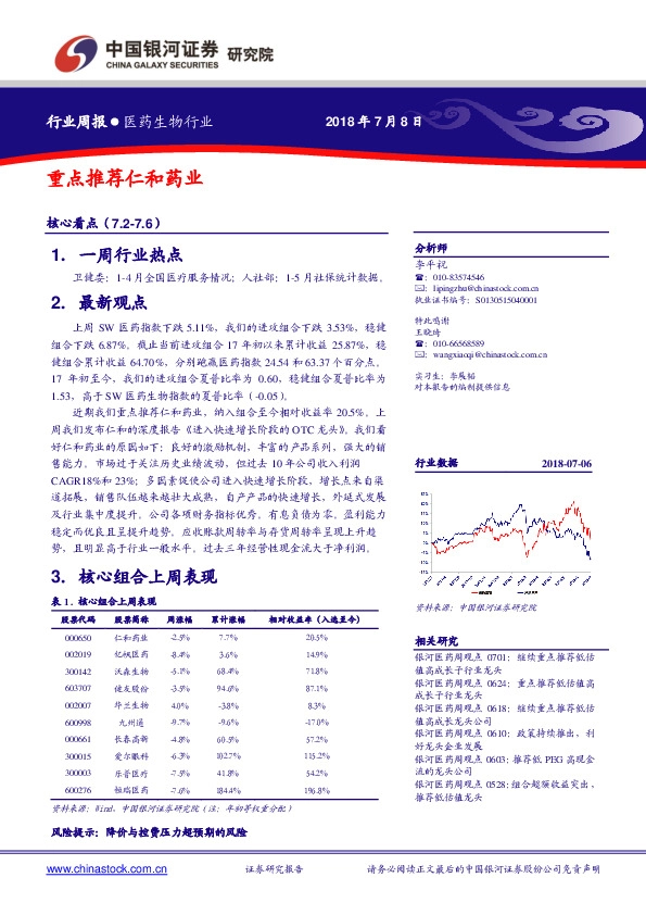 医药生物行业周报：重点推荐仁和药业