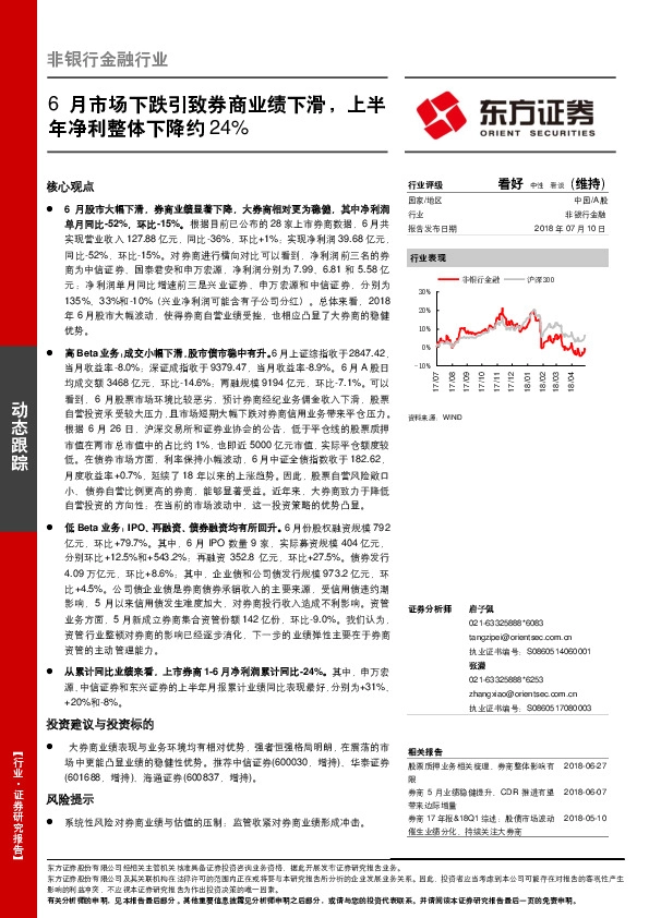 非银行金融行业动态跟踪：6月市场下跌引致券商业绩下滑，上半年净利整体下降约24%