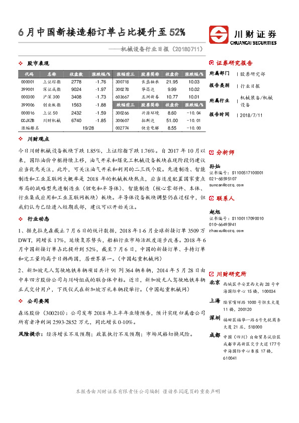 机械设备行业日报：6月中国新接造船订单占比提升至52%