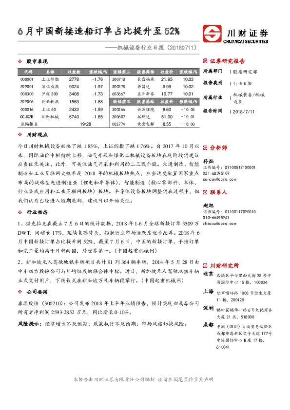机械设备行业日报：6月中国新接造船订单占比提升至52%