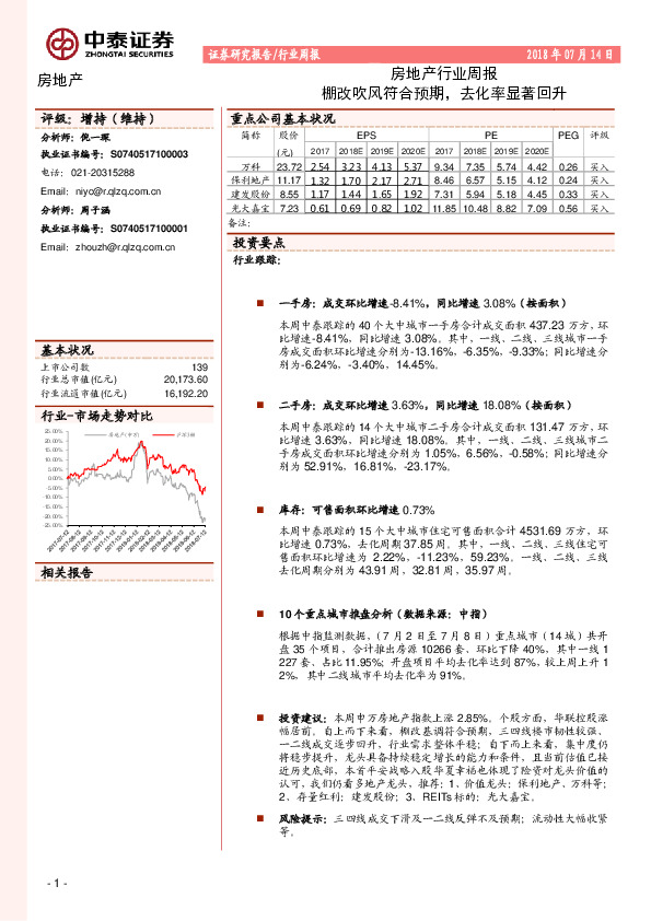 房地产行业周报：棚改吹风符合预期，去化率显著回升