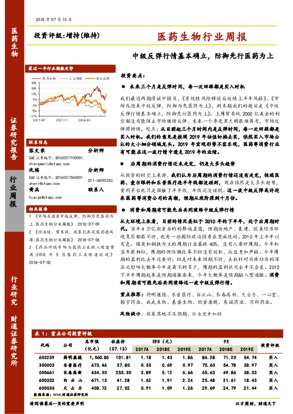 医药生物行业周报：中级反弹行情基本确立，防御先行医药为上