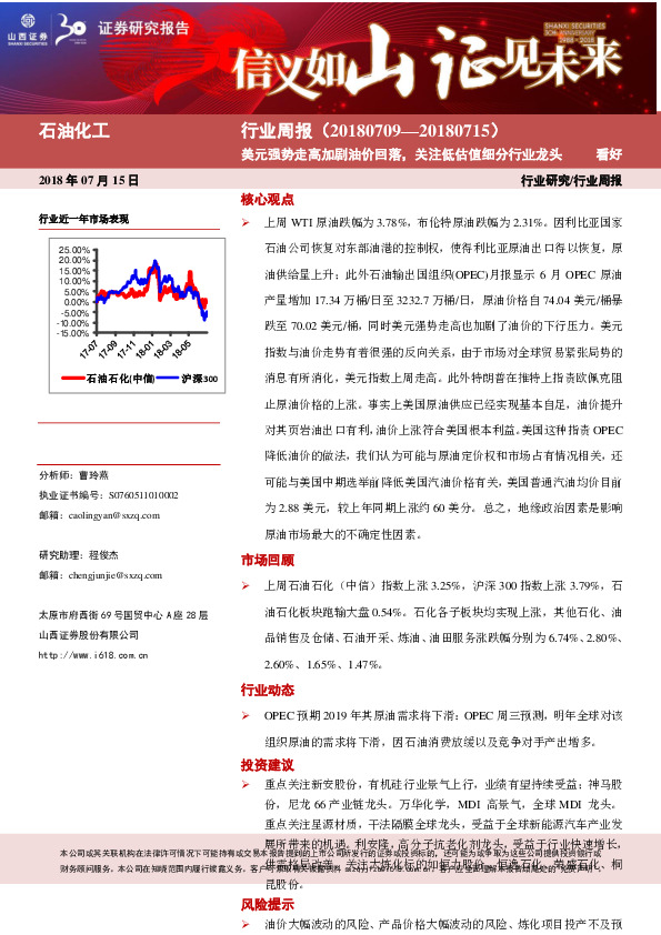 石油化工行业周报：美元强势走高加剧油价回落，关注低估值细分行业龙头