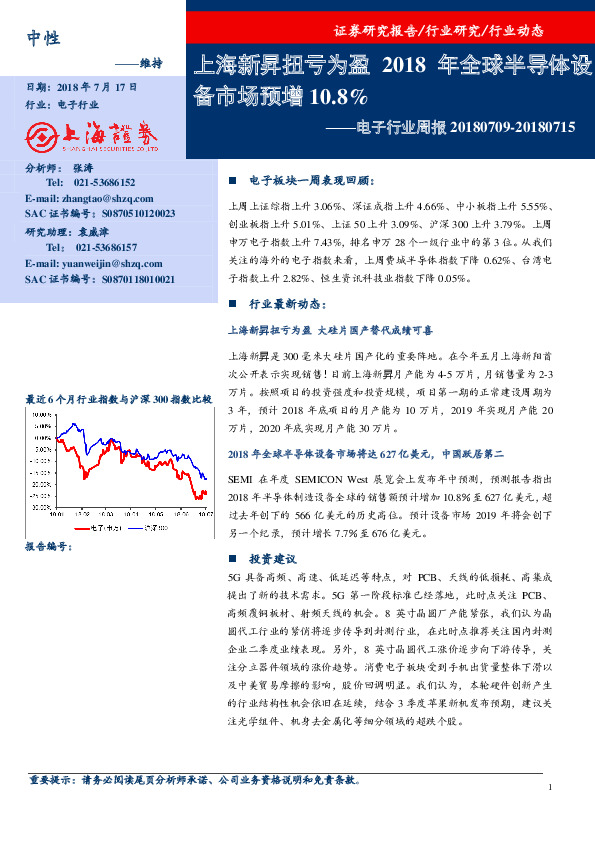 电子行业周报：上海新昇扭亏为盈2018年全球半导体设备市场预增10.8%