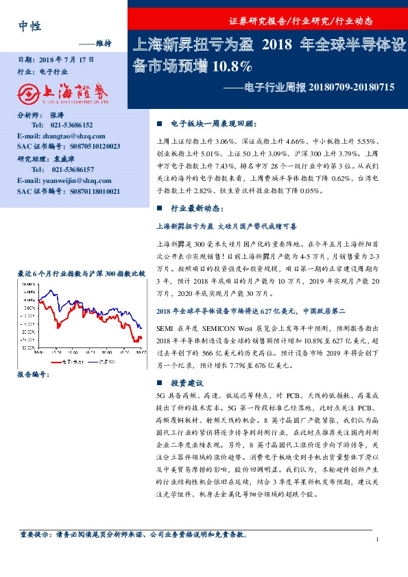 电子行业周报：上海新昇扭亏为盈2018年全球半导体设备市场预增10.8%