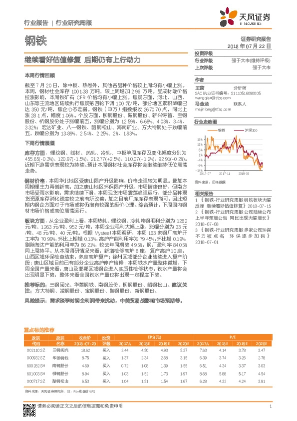 钢铁行业研究周报：继续看好估值修复 后期仍有上行动力