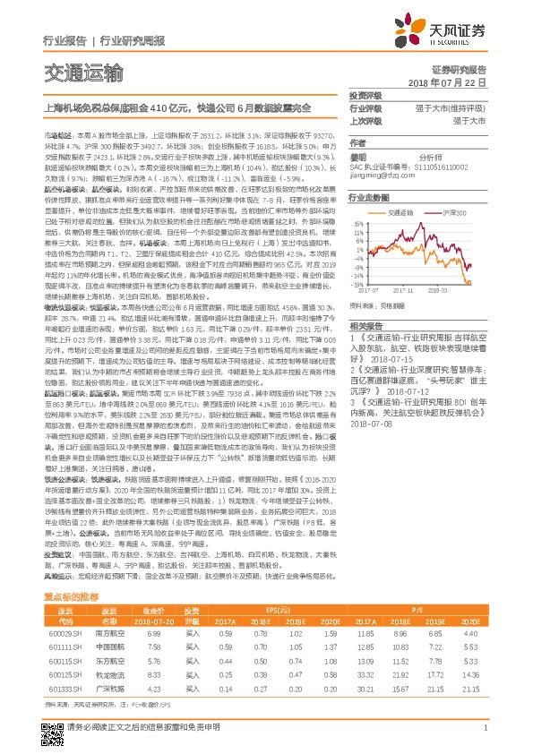 交通运输行业研究周报：上海机场免税总保底租金410亿元，快递公司6月数据披露完全