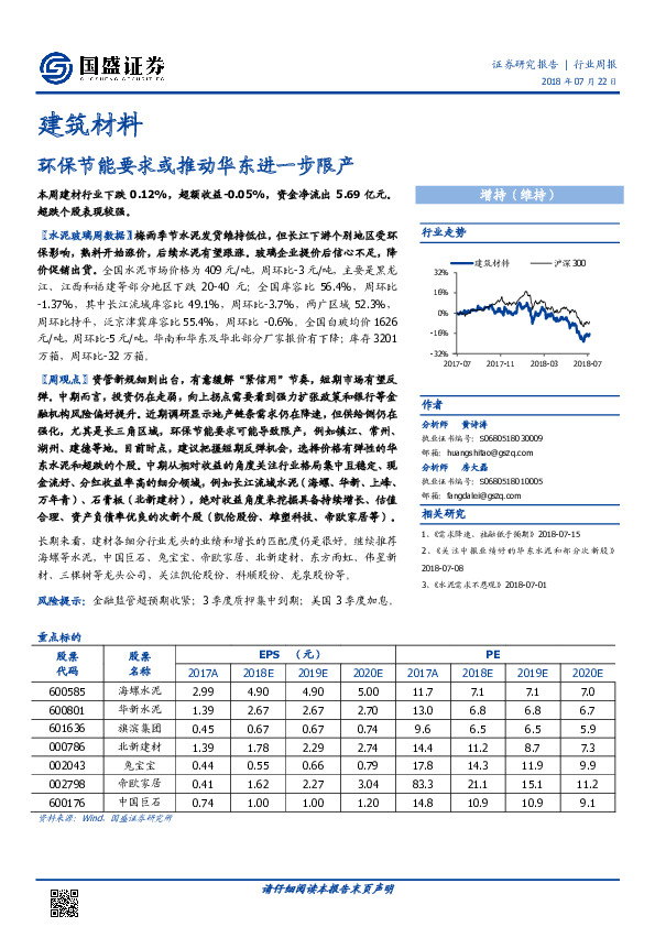 建筑材料行业周报：环保节能要求或推动华东进一步限产