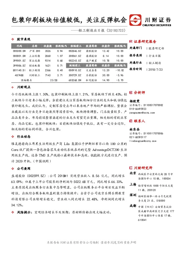 轻工制造业日报：包装印刷板块估值较低，关注反弹机会