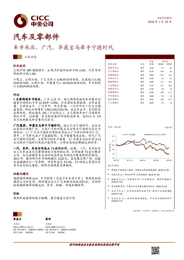 汽车及零部件行业动态：车市承压，广汽、华晨宝马牵手宁德时代