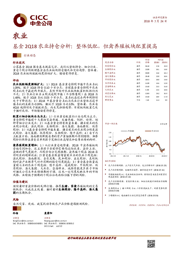基金2Q18农业持仓分析：整体低配，但禽养殖板块配置提高