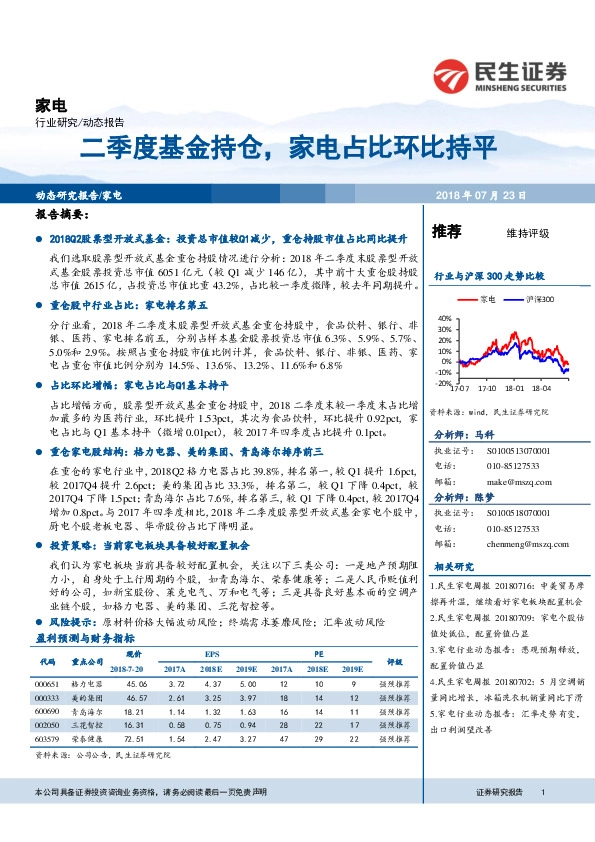 家电：二季度基金持仓，家电占比环比持平