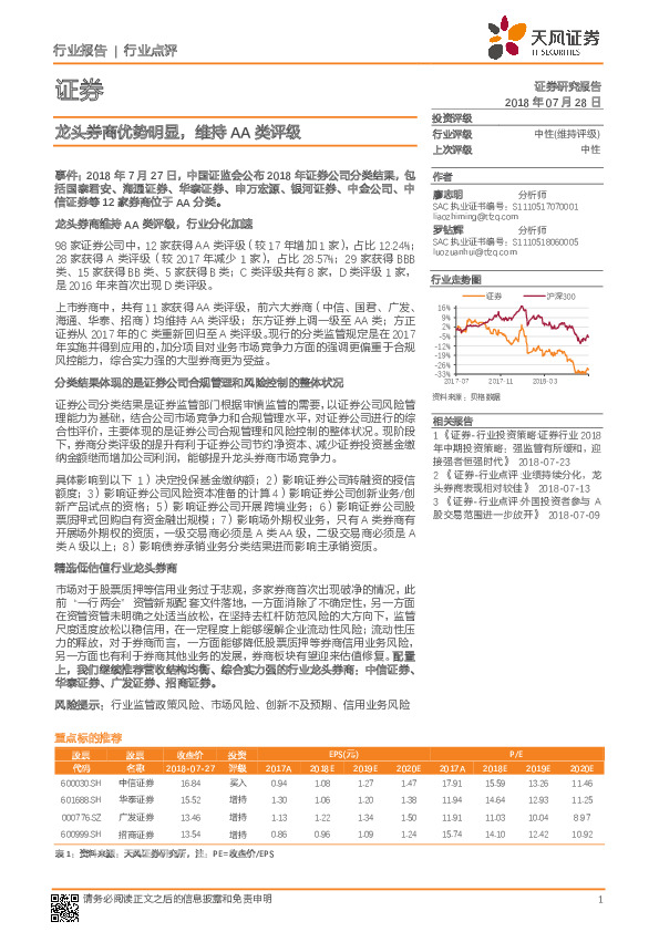 证券行业点评：龙头券商优势明显，维持AA类评级