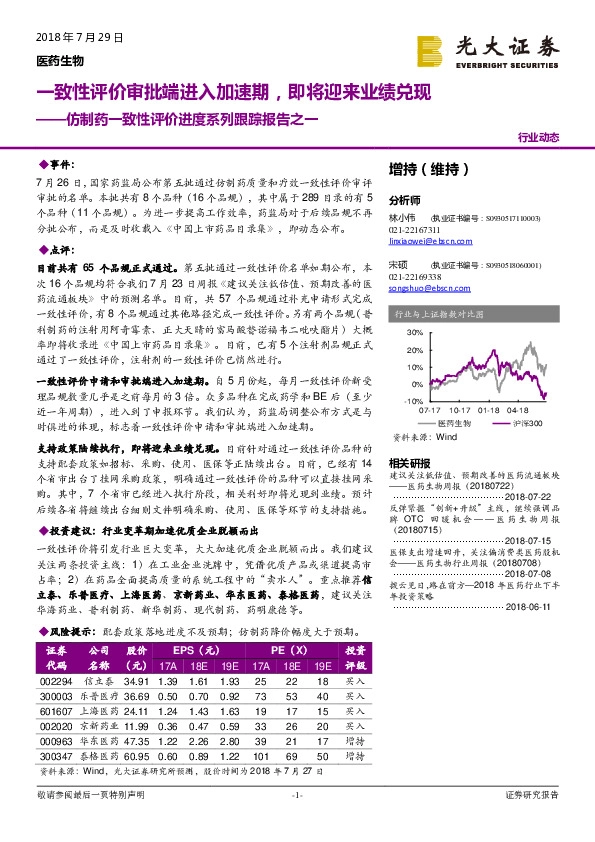 医药生物行业动态：仿制药一致性评价进度系列跟踪报告之一-一致性评价审批端进入加速期，即将迎来业绩兑现