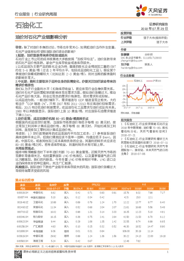 石油化工行业研究周报：油价对石化产业链影响分析