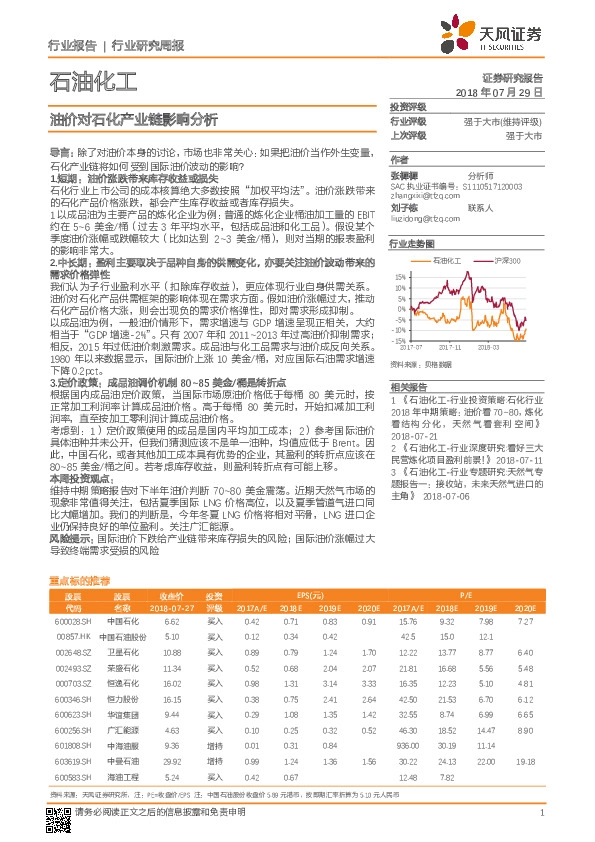 石油化工行业研究周报：油价对石化产业链影响分析