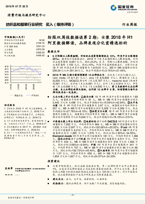 纺服双周报数据谈第2期：女装2018年H1阿里数据解读，品牌表现分化需精选标的