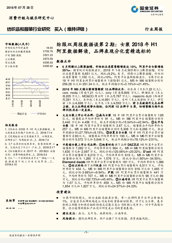 纺服双周报数据谈第2期：女装2018年H1阿里数据解读，品牌表现分化需精选标的