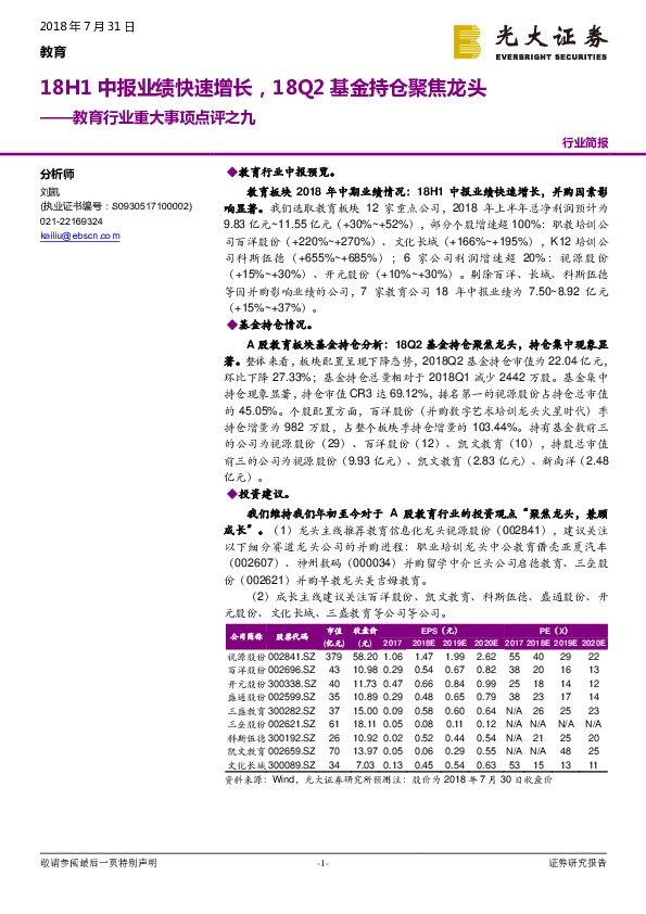 教育行业重大事项点评之九：18H1中报业绩快速增长，18Q2基金持仓聚焦龙头