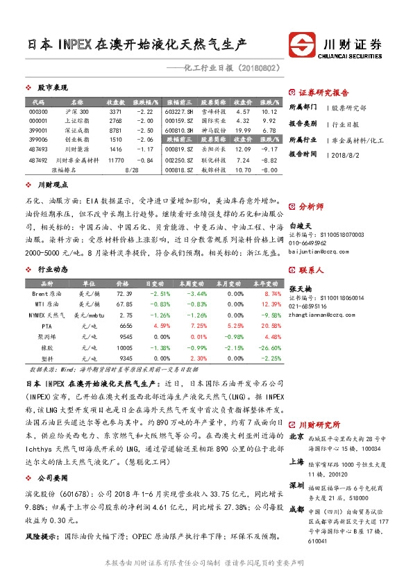 化工行业日报：日本INPEX在澳开始液化天然气生产