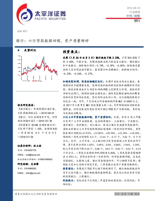 银行行业周报：六行贷款数据回暖，资产质量转好