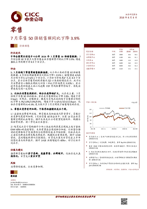 零售：7月零售50强销售额同比下降3.9%