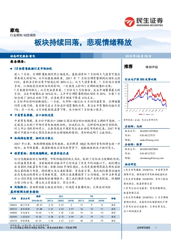 家电：板块持续回落，悲观情绪释放