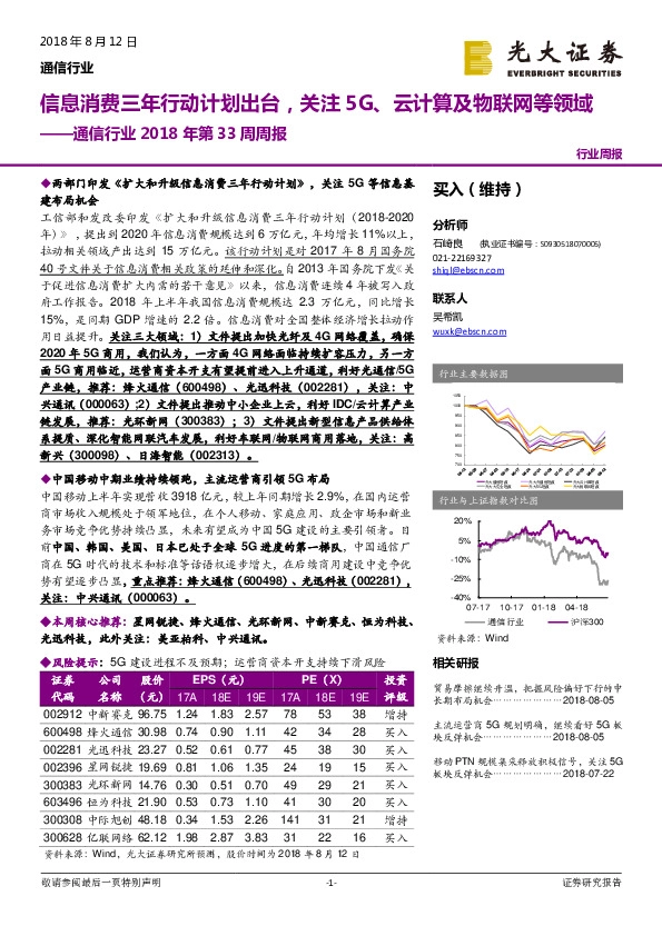 通信行业2018年第33周周报：信息消费三年行动计划出台，关注5G、云计算及物联网等领域