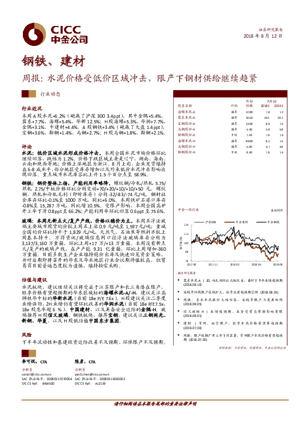 钢铁、建材周报：水泥价格受低价区域冲击，限产下钢材供给继续趋紧