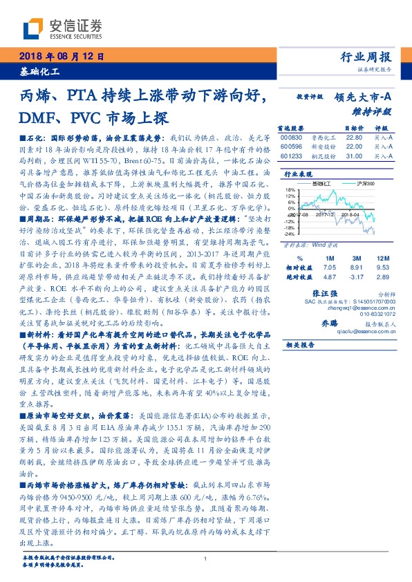 基础化工行业周报：丙烯、PTA持续上涨带动下游向好，DMF、PVC市场上探