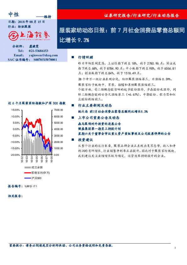 服装家纺动态日报：前7月社会消费品零售总额同比增长9.3%
