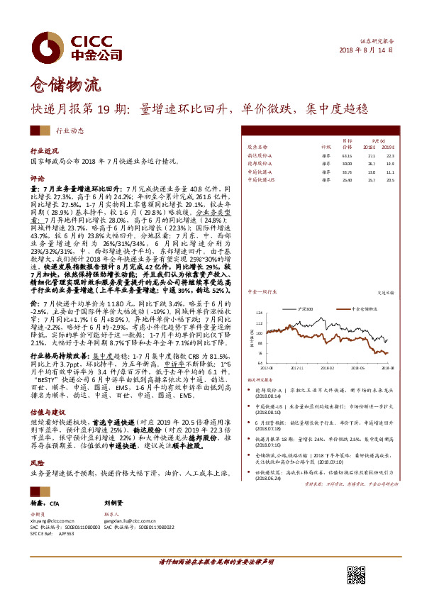快递月报第19期：量增速环比回升，单价微跌，集中度趋稳