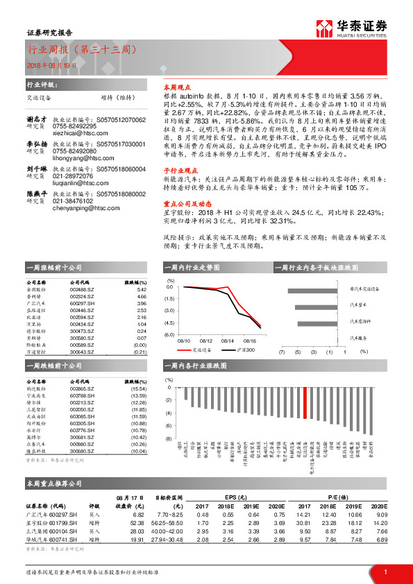 交运设备行业周报（第三十三周）