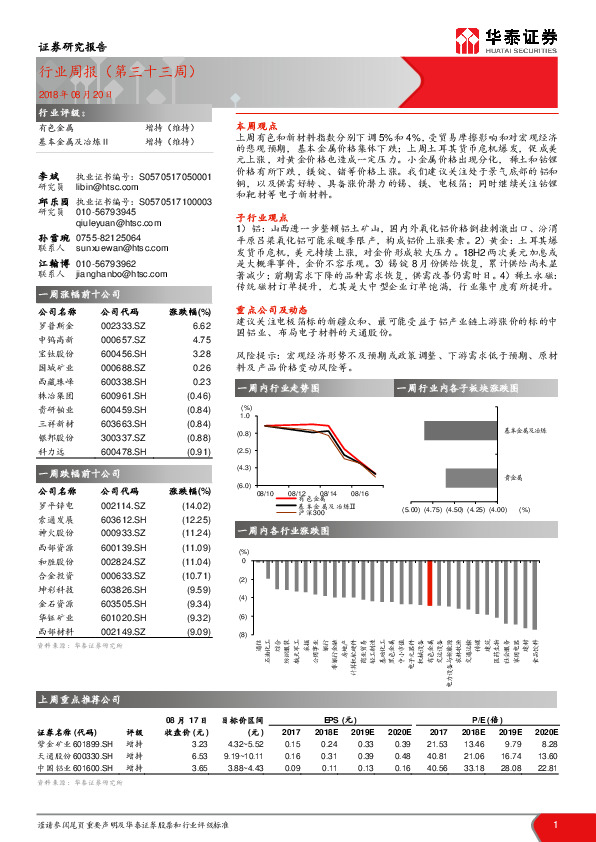 有色金属行业周报（第三十三周）