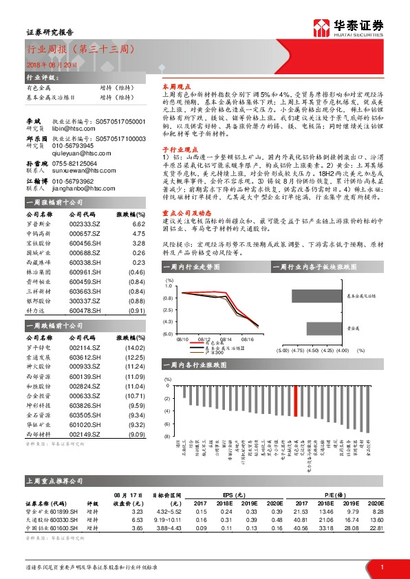 有色金属行业周报（第三十三周）