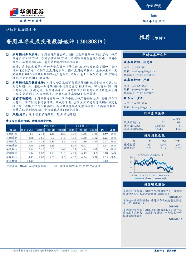 钢铁行业每周速评：每周库存及成交量数据速评