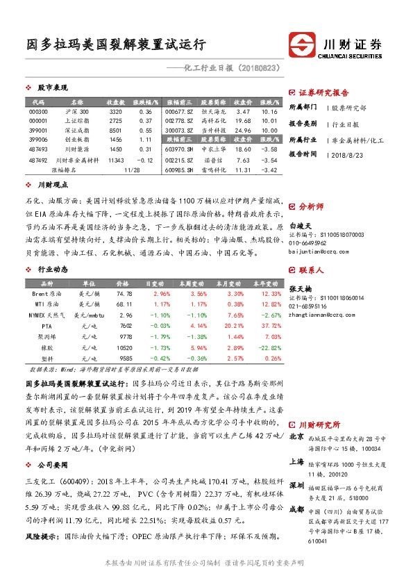 化工行业日报：因多拉玛美国裂解装置试运行