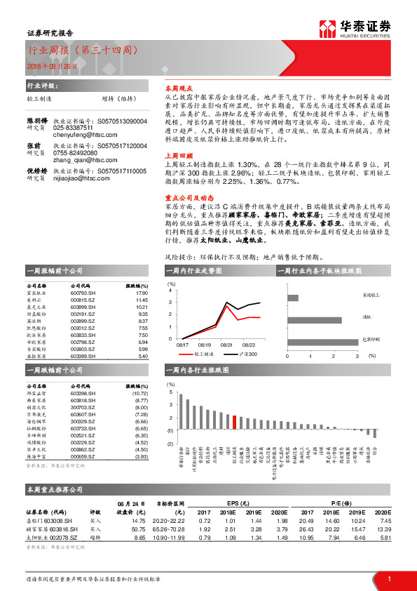 轻工制造行业周报（第三十四周）