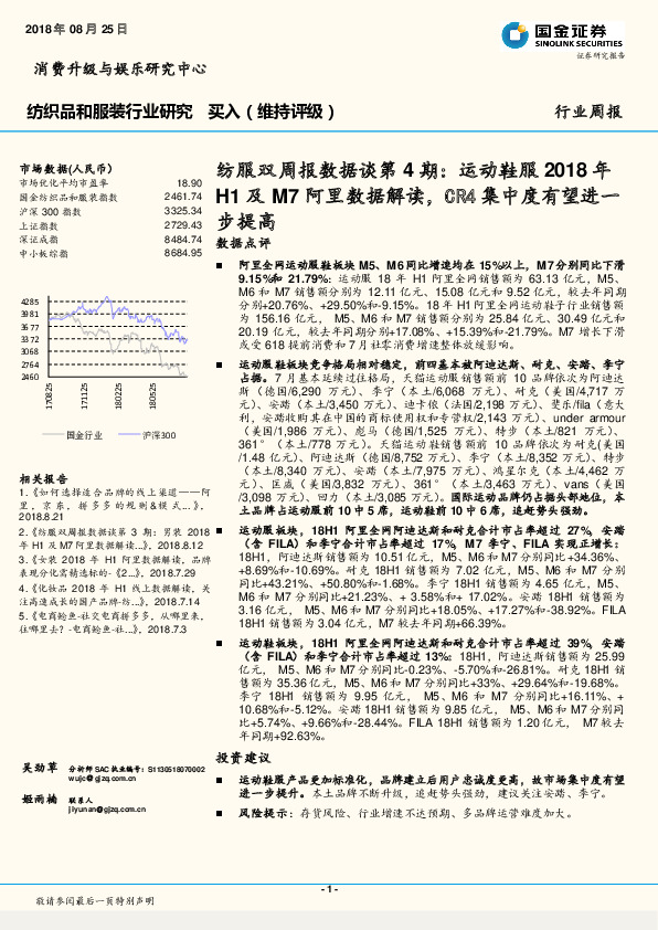 纺服双周报数据谈第4期：运动鞋服2018年H1及M7阿里数据解读，CR4集中度有望进一步提高