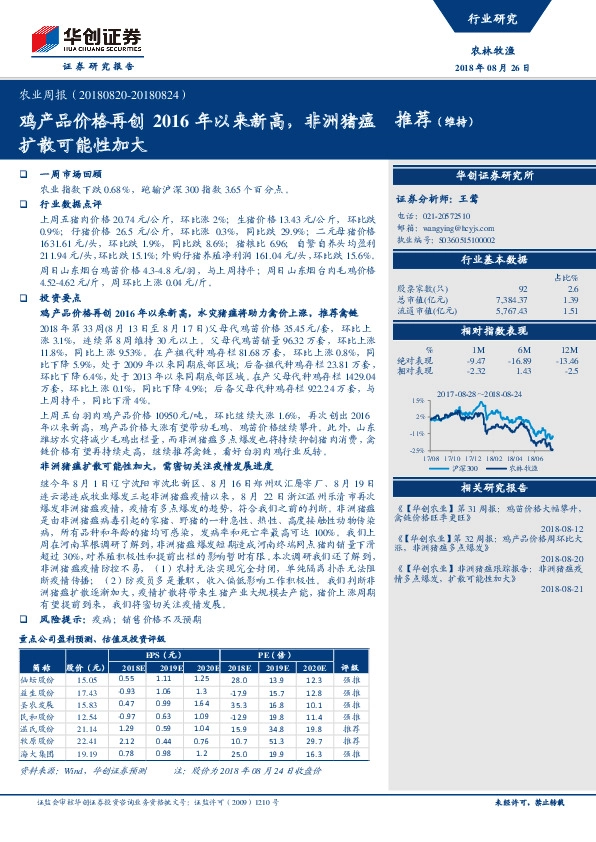 农业周报：鸡产品价格再创2016年以来新高，非洲猪瘟扩散可能性加大