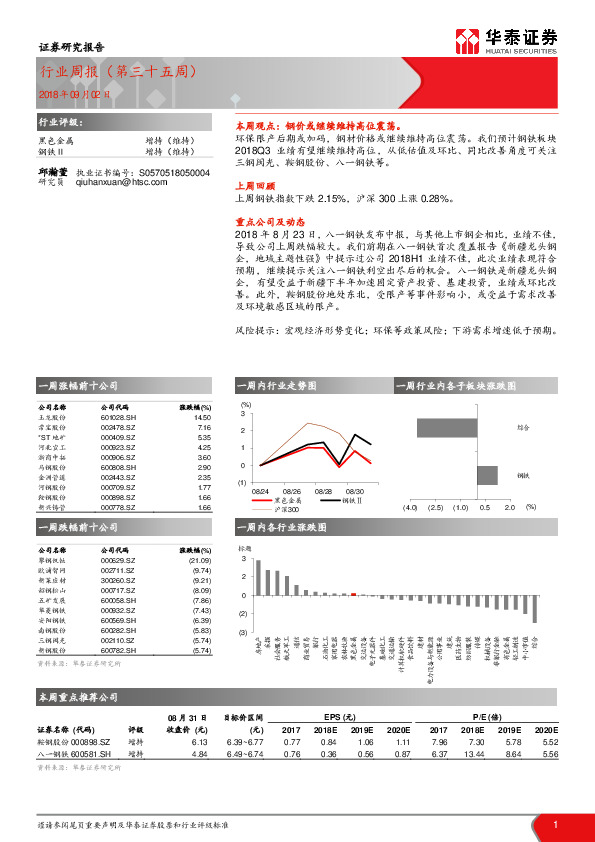 黑色金属行业周报（第三十五周）
