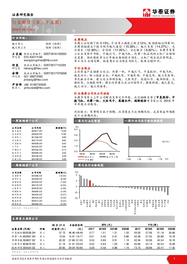 航天军工行业周报（第三十五周）