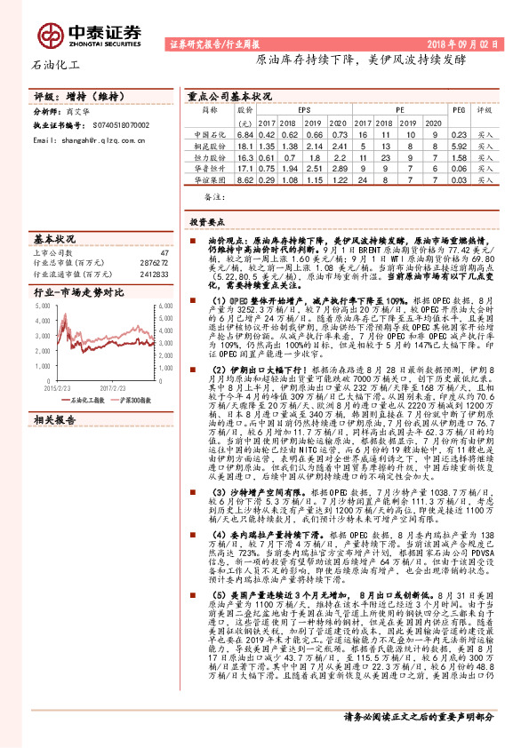 石油化工行业周报：原油库存持续下降，美伊风波持续发酵