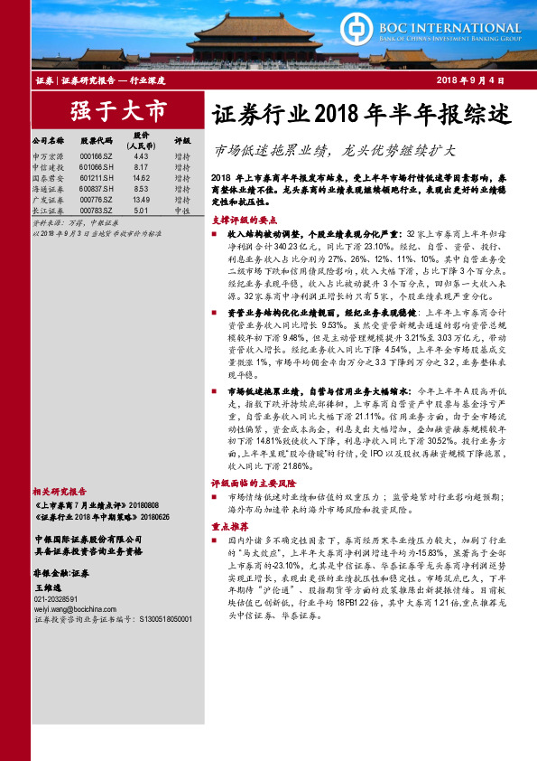 证券行业2018年半年报综述：市场低迷拖累业绩，龙头优势继续扩大
