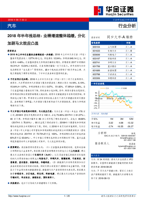 汽车2018年半年报总结：业绩增速整体趋缓，分化加剧马太效应凸显