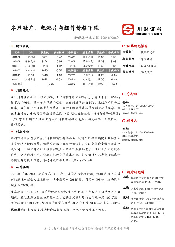 新能源行业日报：本周硅片、电池片与组件价格下跌