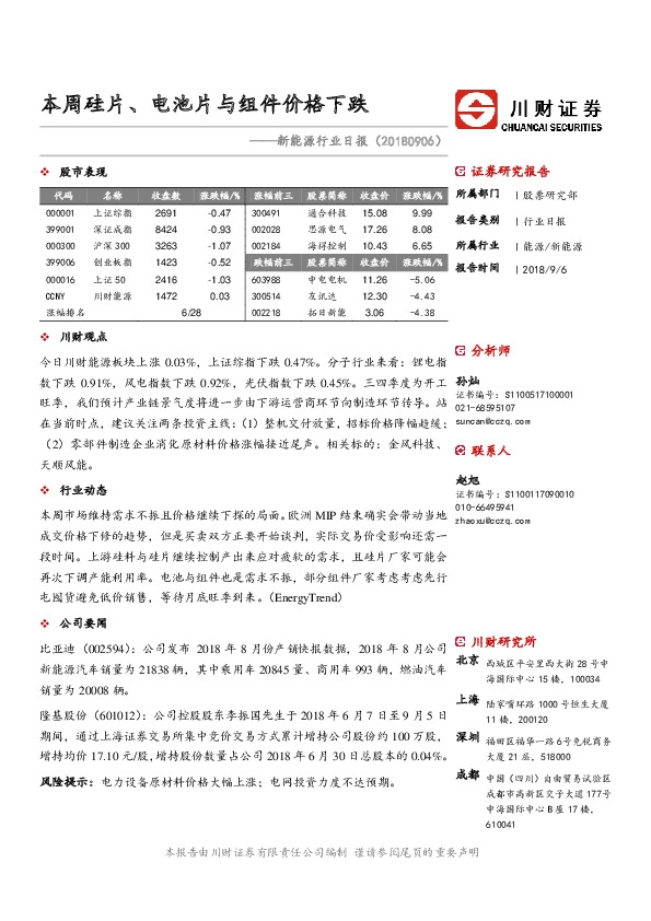 新能源行业日报：本周硅片、电池片与组件价格下跌