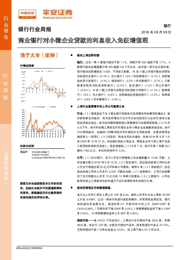 银行行业周报：商业银行对小微企业贷款的利息收入免征增值税