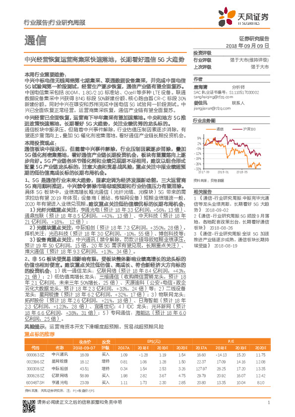 通信行业研究周报：中兴经营恢复运营商集采快速落地，长期看好通信5G大趋势